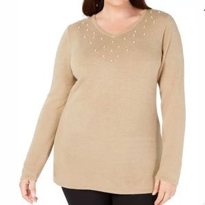 ❤️‍🔥 NWT Karen Scott Tan Pearl Embellished Sweater 2X